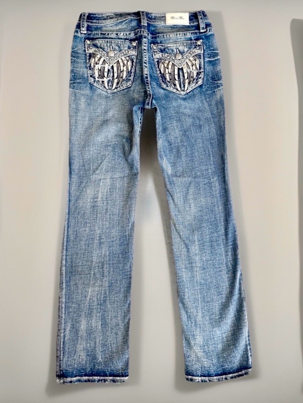 Womens Miss Me Jeans Size 30 Skinny Embellished Y2K Rhinestone angel Wing Blue - Picture 5 of 7